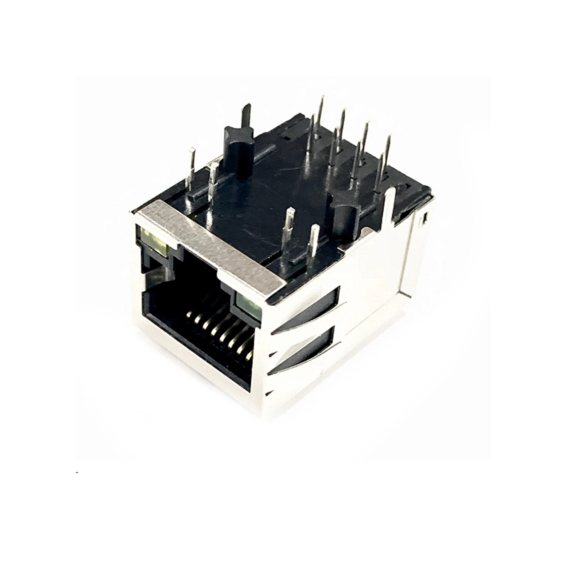 RJ连接器 RJ45 铜壳 扁针 0.35mm PBT Au 6u"带100BASE变压器左绿右黄