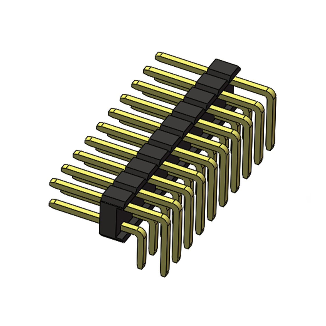 PH2541 排针连接器 Pitch 2.54mm 90° 双排 DIP 单塑排针 2X10Pin 黑色 PA6T，94V-0 镀全金G/F