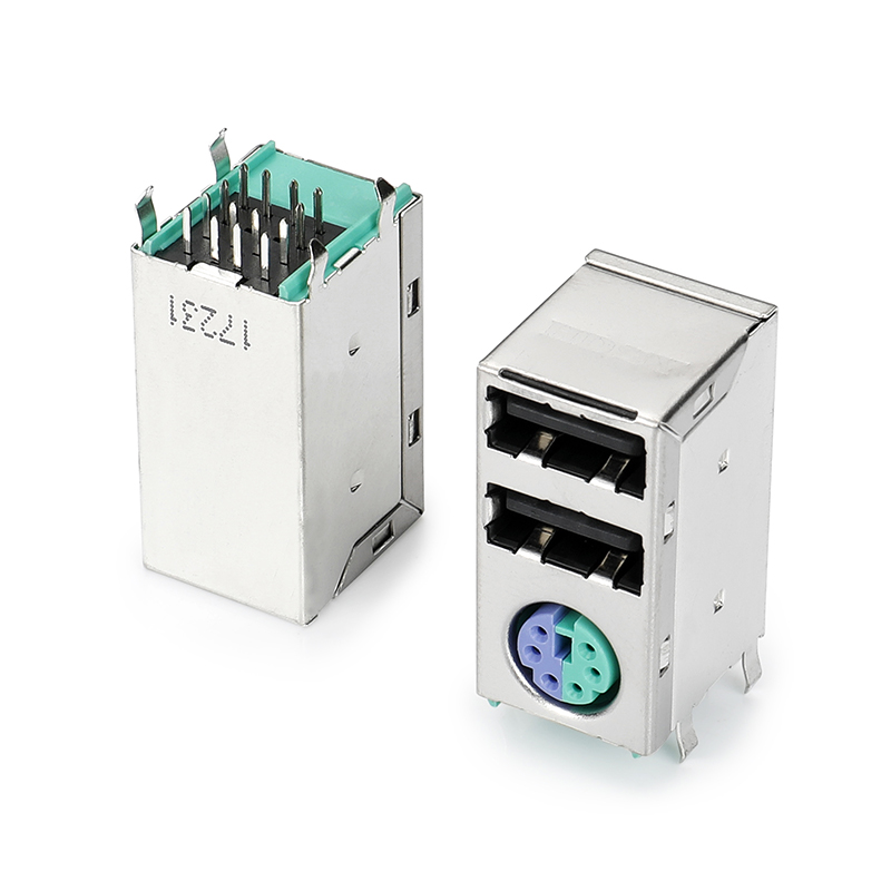 Mini Din 三胞胎双层USB2.0+PS2(半绿半紫)DIP型 板上高度31MM